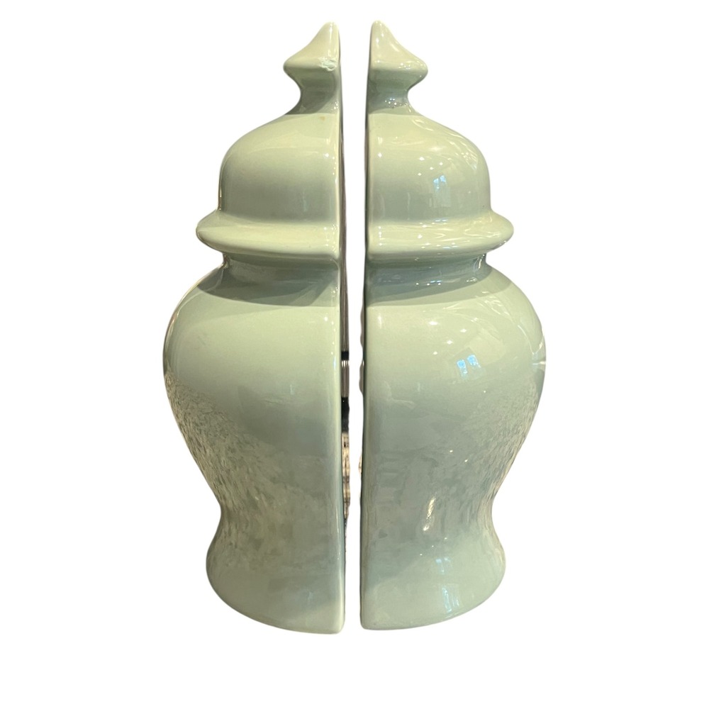 Celadon Green Ceramic Ginger Jar Bookends Glossy Glazed Chinoiserie Decor Set
